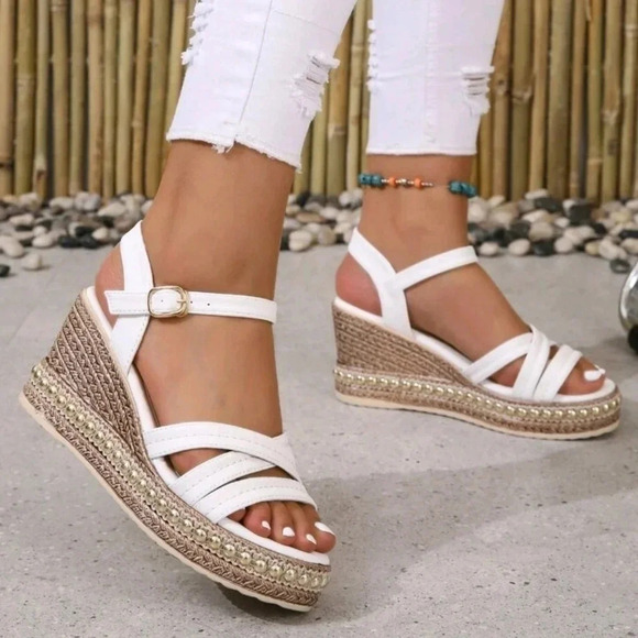 Buckle Decor Espadrille Sole Wedge Sandals, Vacation Beach Ankle Strap Sandals - Picture 4 of 6